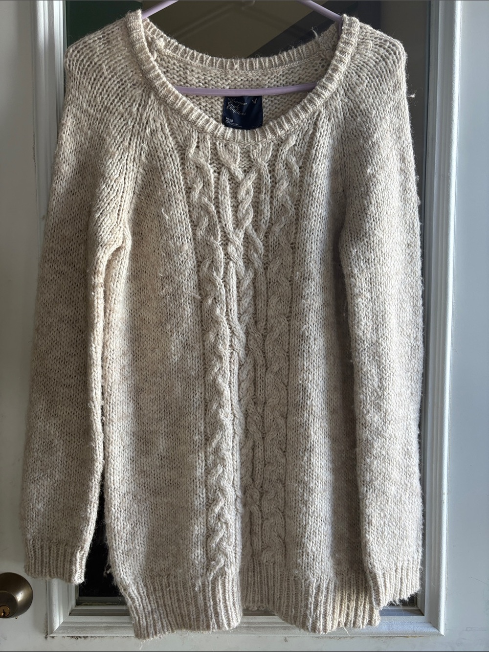 American Eagle Outfitters Cream Cable-Front Scoop Neck Sweater